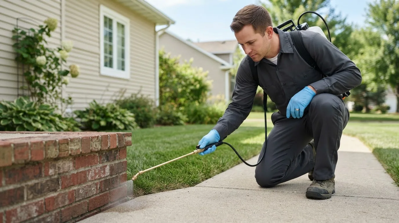 Pest control technician treating a home near Durham, OK