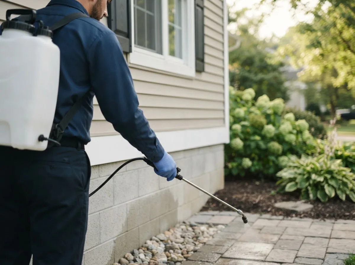 Pest control technician inspecting a home in Durham, OK